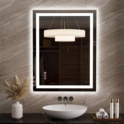 Vista 164 de LOAAO Espejo de baño LED de 28 x 36 pulgadas con luces, antiniebla, regulable, retroiluminado + iluminado frontal, espejo de tocador de baño