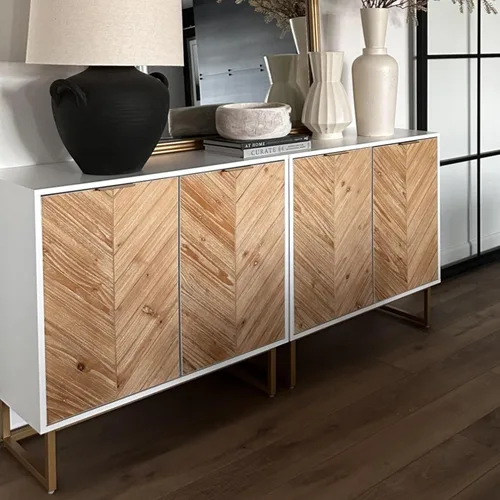 Vista 5 de Nathan James Enloe Modern Storage Free Standing Accent Cabinet White with Doors in a Rustic Pine Wood Finish and Gold Powder-coated Metal Base for