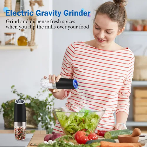 Vista 7 de Gravity - Juego de molinillo eléctrico de sal y pimienta, funciona con pilas, luz LED con una sola mano, molinillos de grosor ajustable, agitadores