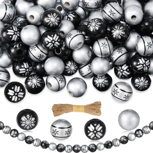 Jetec 120 piezas de cuentas de madera para Navidad de 0.6 pulgadas, cuentas de madera con diseño de copo de nieve en negro y plateado para