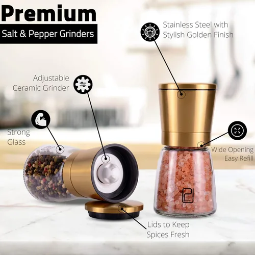 Vista 2 de Juego de molinillo - Molinillo de sal y pimienta dorada - Molinillos de pimienta de latón recargables - Grueso ajustable - Sal marina, pimienta negra
