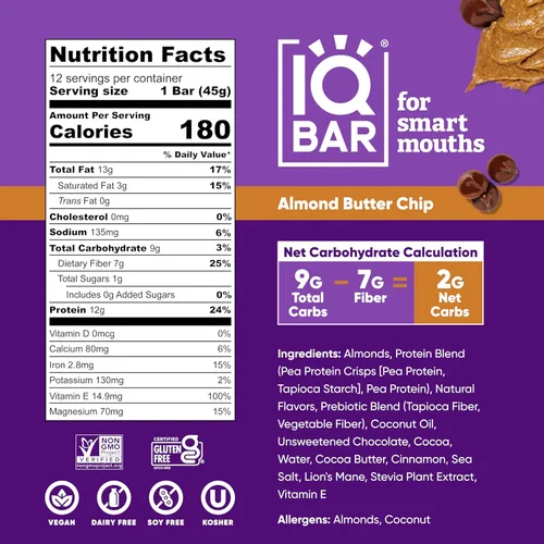 Vista 3 de IQBAR Brain and Body Keto Protein Bars - Chocolate Sea Salt and Almond Butter Chip - 12 barras energéticas - Barras de proteína bajas