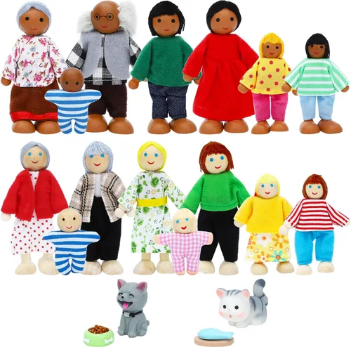 Vista 12 de ONEST Juego de 20 piezas de casa de muñecas de madera con familia de mini figuras de personas, perros y gatos, accesorios para casa de muñecas