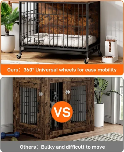 Vista 7 de Muebles de jaula para perros, jaula de madera para perros de 38.6 pulgadas con puertas dobles, muebles para perros, mesa auxiliar grande para perros