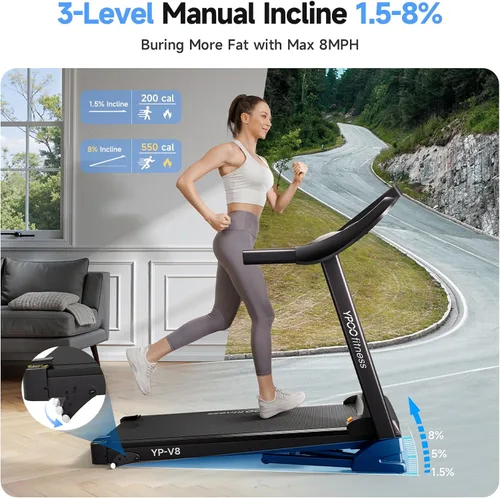 Vista 2 de Cintas de correr para el hogar con inclinación, caminadoras plegables automáticas, cinta de correr con panel de caminata de 8.0 MPH con Bluetooth