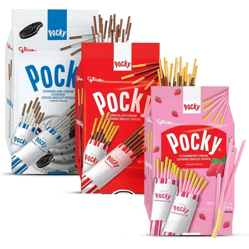 Pocky Sticks Japanese Snacks Pocky Variety Pack of 3 Asian Snacks - Poky Stix Strawberry, Chocolate, Cookies, and Cream Asian Candy by Grateful