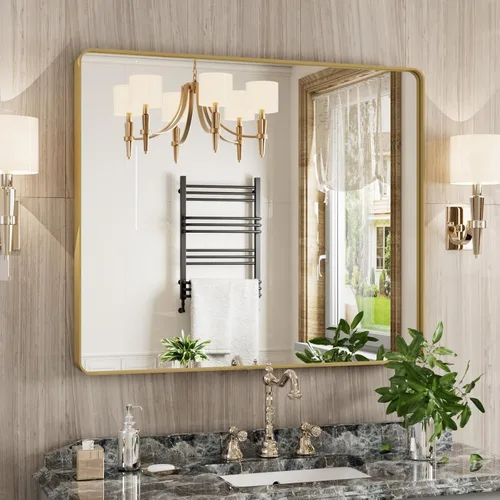 Vista 19 de JISOSO - Espejo de baño negro de 20x30 pulgadas con marco de metal negro, espejo de tocador rectangular redondeado con acabado mate para pared