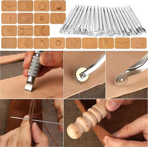 Vista 5 de KIDENEI Kit de trabajo de cuero de 66 piezas con estampado, corte, martillo, regla, agujas, broches de presión, kit de línea de cera y caja