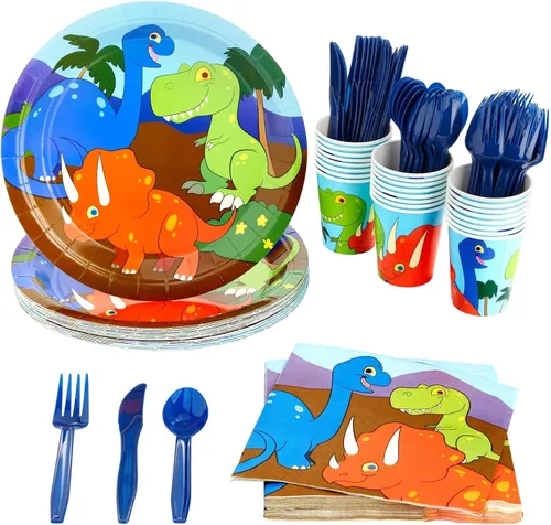 Juvale Juego de platos y tazas de dinosaurio, platos y servilletas de cumpleaños para niños, tazas de fiesta de dinosaurios para niños, kit de