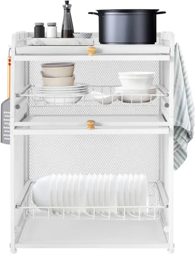 Vista 10 de Escurridor de platos de plástico, escurridor de platos de 2 niveles para encimera de cocina, estante de secado de platos de cocina con drenaje, tapa