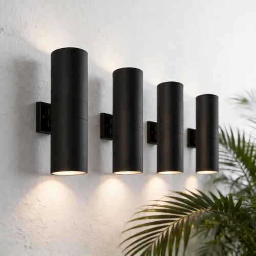Vista 18 de mirrea Lámpara moderna para porche al aire libre en 2 luces con cilindro de aluminio negro mate y cubierta de vidrio templado, aplique de pared