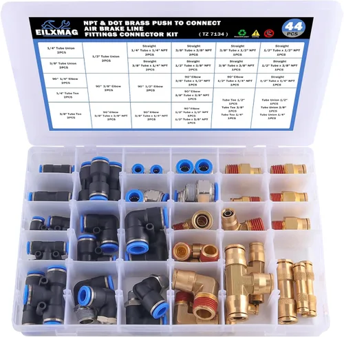 Vista 8 de 32 piezas de accesorios de línea de freno de aire de latón DOT surtido de 1/4" 3/8" 1/2" kit de accesorios de línea de aire de empuje para conectar