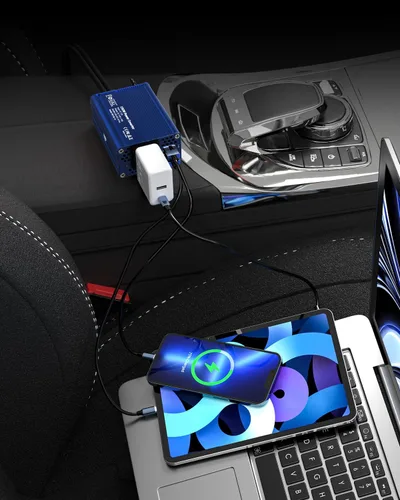 Vista 6 de Inversor de potencia para automóvil de Foval, de 12 V CC a 110 V AC, con cargador USB doble, Azul