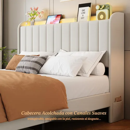 Vista 6 de Base de cama tamaño queen con cabecera de almacenamiento y 2 cajones, base de cama tapizada con luces LED y práctica estación de carga, no necesita