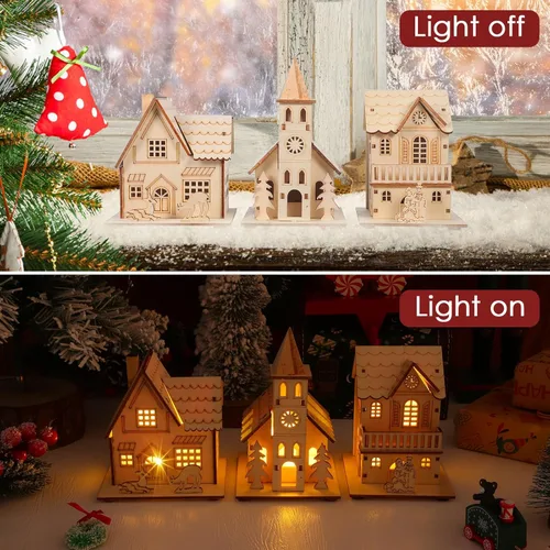 Vista 5 de 3 piezas de casas de pueblo navideño: casa de madera con luz LED con batería, decoración rústica sin terminar de pueblo de vacaciones, perfecto