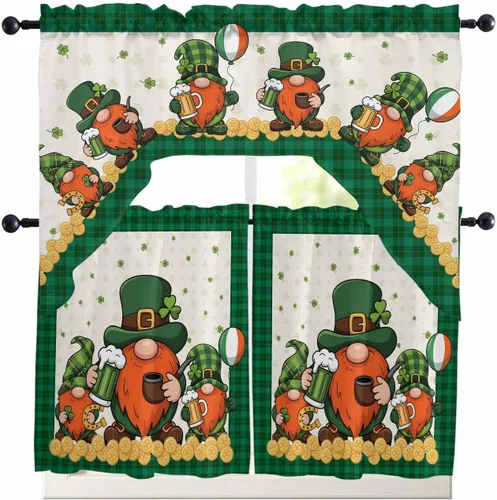 Vista 19 de BEMIGO Cortinas de cocina lindas de gnomos de San Valentín para pareja, juego de cortinas y cenefa para ventana de cocina, cenefa de bolsillo