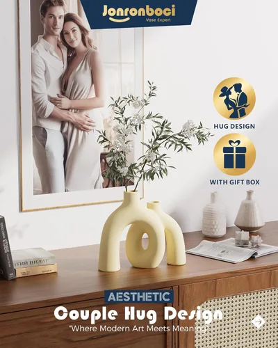 Vista 2 de Hug Donut - Juego de jarrones decorativos, jarrón beige, jarrones de estilo nórdico bohemio moderno, decoración del hogar, decoraciones de cerámica