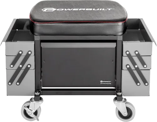 Vista 3 de Powerbuilt Asiento rodante con bandejas de herramientas expandibles, taburete de garaje con caja de herramientas con ruedas - Gris 941918ECE