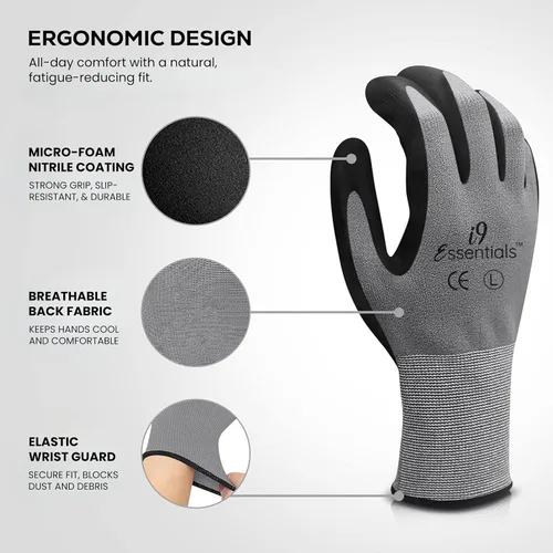 Vista 6 de I9 Essentials 12 pares de guantes de trabajo de microespuma con revestimiento de nitrilo para pantalla táctil, guantes de seguridad de agarre