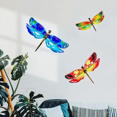 Vista 4 de John's Studio Decoración de pared de libélula de metal para colgar en el jardín, esculturas de cristal, decoración temática de insectos para sala