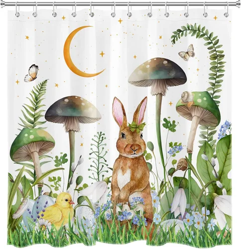 Vista 5 de Easter Rabbit Shower Curtain, Mushroom Bathroom Curtain Easter Eggs with Green Plants Leaves Aesthetic Moon Shower Curtains for Bathroom with Hooks