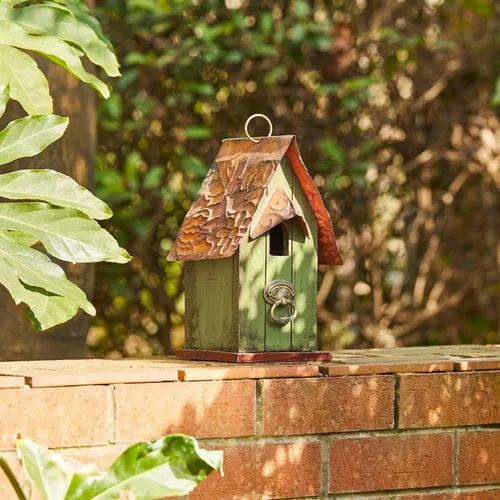 Vista 7 de Glitzhome - Casas de pájaros para exterior, casa de pájaros de madera rústica de 10" de alto, casa de pájaros decorativa envejecida para jardín