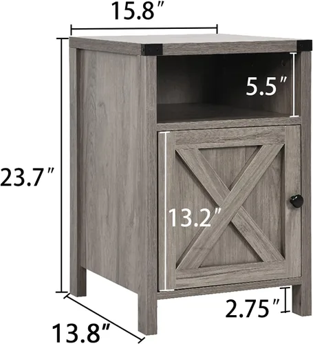 Vista 3 de Mesita de noche de granja, mesa auxiliar, mesas auxiliares con puerta de granero y estante, mesa auxiliar de cama moderna, juego de mesitas de noche