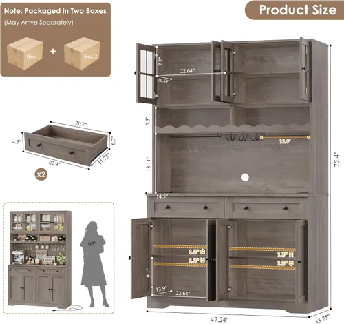 Vista 3 de HOSTACK Armario de despensa de cocina de 75.4 pulgadas de alto con estación de carga, gabinete de cocina blanco moderno con soporte para microondas