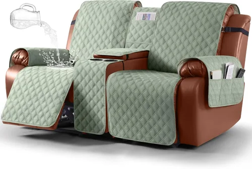 Vista 9 de Ruaozz Funda impermeable para sofá biplaza reclinable con consola, funda antideslizante para sofá reclinable dividido, con correas elásticas, Beige