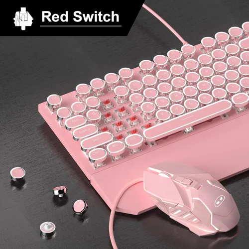 Vista 2 de Combo de teclado y mouse estilo máquina de escribir rosa retro, bonito teclado mecánico con cable iluminado con interruptores rojos lineales