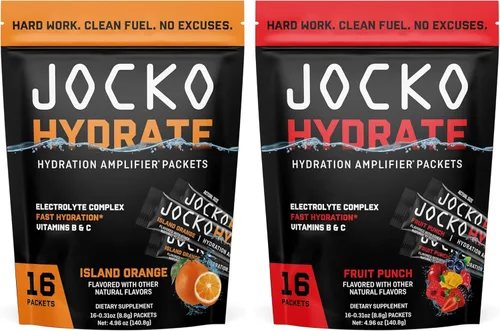 Jocko Fuel Hydrate Electrolytes Powder Packets Bundle (Fruit Punch + Island Orange) - Paquetes amplificadores de hidratación para recuperación,