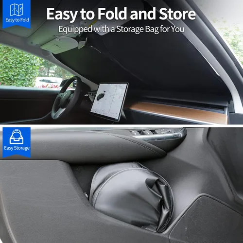 Vista 5 de Parasol mejorado, tela de protección UV mejorada, parasol frontal plegable, accesorios personalizados para Tesla Model 3/Y/Y Juniper 2016 a 2026