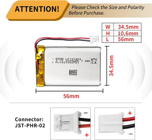 Vista 4 de EEMB Batería de iones de litio de 3.7 V 250 mAh 502030 recargable de 3.7 voltios Lipo con conector JST de cable para VXI Blue Parrott- Confirme