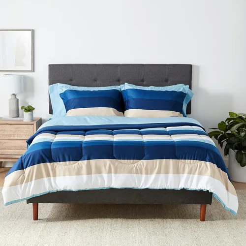Vista 9 de Amazon Basics - Juego de edredón Twin/Twin XL con sábanas, juego de ropa de cama de 5 piezas, microfibra ligera azul Calvin a rayas, en una bolsa