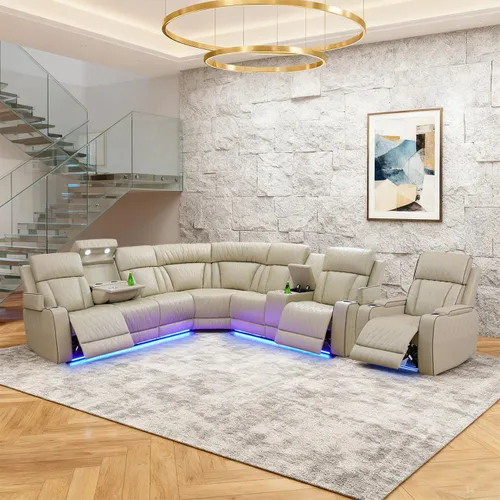Vista 22 de Juego de sofá modular reclinable eléctrico para sala de estar, juego de sofá reclinable de cuero con luces LED / almacenamiento oculto, sofá