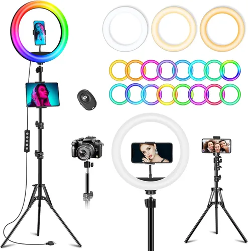 Vista 10 de Anillo de luz de 10.3 pulgadas con trípode y soporte para iPad para teléfono, anillo de luz para selfie con 51 modos de color, iluminación circular