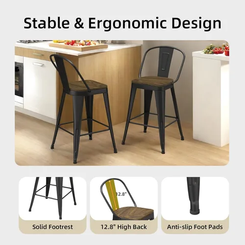Vista 4 de Juego de 4 taburetes de bar de metal, taburetes de bar con respaldo alto con asiento de madera, taburetes de bar negros de 24 pulgadas para isla