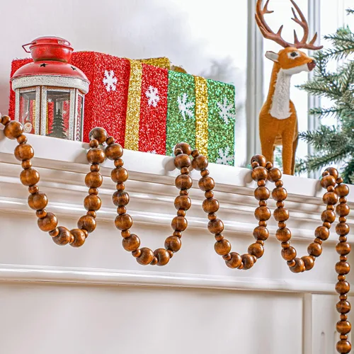 Vista 5 de 2 piezas/ 14.4 pies Guirnalda de cuentas de madera de Navidad Xmas Cuentas de árbol de madera rústicas redondas artesanales decorativas Árbol