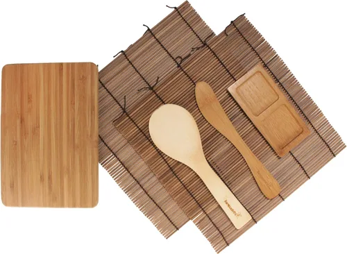 BambooMN Kit para hacer sushi – 2 alfombrillas de sushi marrón carbonizado, paleta de arroz, esparcidor, plato de salsa de sushi y tablero de