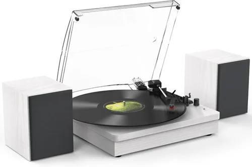 Vista 9 de Reproductor de discos de vinilo con dos altavoces estéreo, tocadiscos con reproducción Bluetooth de 3 velocidades, entrada AUX para auriculares