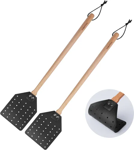 Vista 8 de DEBETOOL Juego de matamoscas – Paquete de 2 matamoscas de cuero de madera con cuerda para colgar, matamoscas resistente para interiores y exteriores