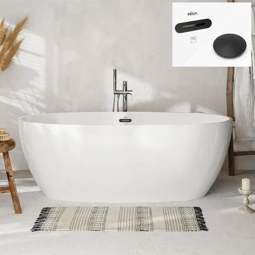 Vista 25 de FerdY Tahití - Bañera de acrílico independiente de 55 pulgadas, elegante bañera de remojo de forma ovalada, blanco brillante, drenaje dorado