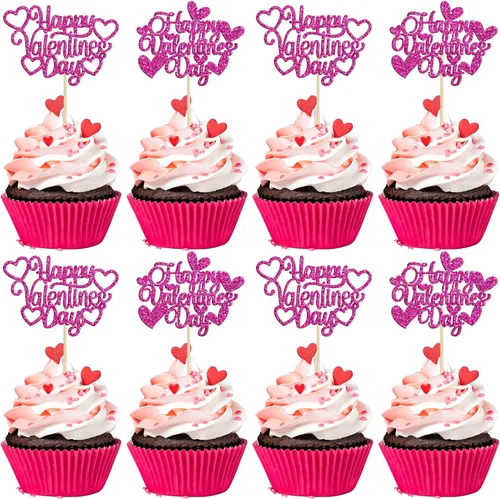 Vista 19 de 24 piezas de decoración de cupcakes con purpurina dorada para el día de San Valentín, temática de San Valentín, fiesta de cumpleaños, suministros