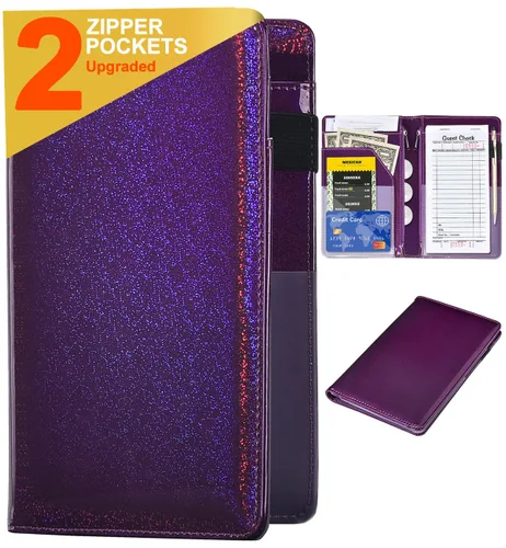 Vista 11 de Libros de servidor para camareras – Libro de camarero de cuero, cartera de servidor con bolsillo con cremallera, lindo organizador de libros