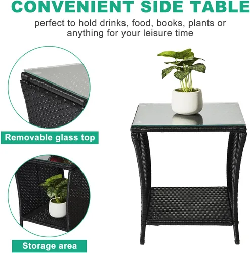 Vista 4 de Henf Mesa auxiliar de mimbre de ratán para exteriores, mesa auxiliar cuadrada para exteriores, mesa auxiliar con parte superior de cristal, mesa