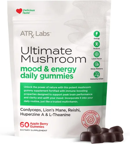 Ultimate Mushroom Daily Gummies - Gomitas de hongos con Cordyceps, melena de león y Reishi, además de huperzina A y L-teanina, pueden mejorar el