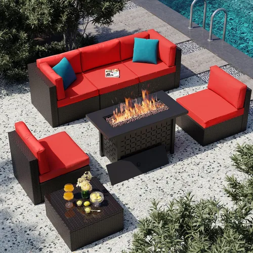 Vista 9 de Vongrasig - Juego de muebles de patio de 6 piezas, sofá seccional para exteriores Beige