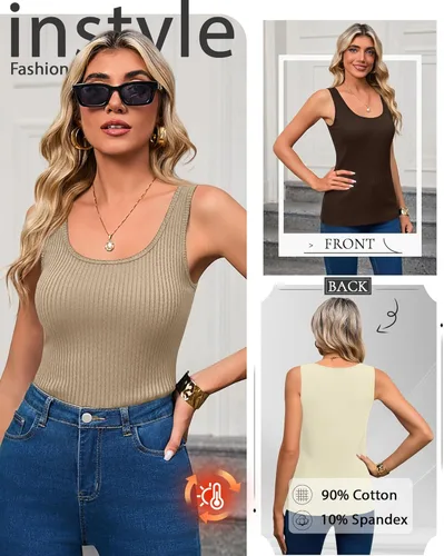 Vista 2 de Paquete de 3 camisetas térmicas sin mangas acanaladas para mujer, de forro polar de algodón, cuello redondo, ajustadas, capa base de camisola