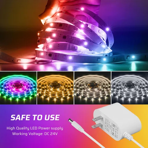 Vista 9 de Tira de luces LED RGBWW+IC de 50 pies con control remoto y aplicación, multicolor+3000K-6500K