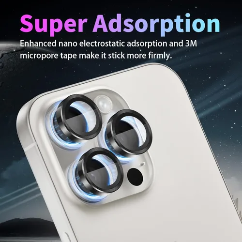Vista 4 de Protector de lente de cámara para iPhone 15 Pro/15 Pro Max, protector de lente de anillo de cámara de vidrio templado individual con bandeja